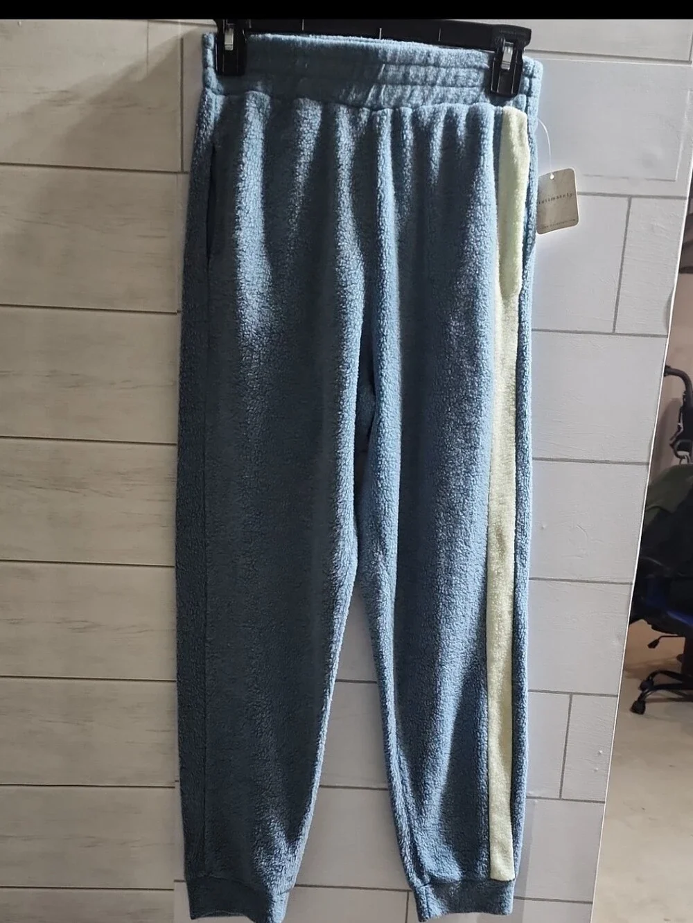 NWT Womens Free People Cozy Blue Fleece Jogger Pants with Cream Stripe